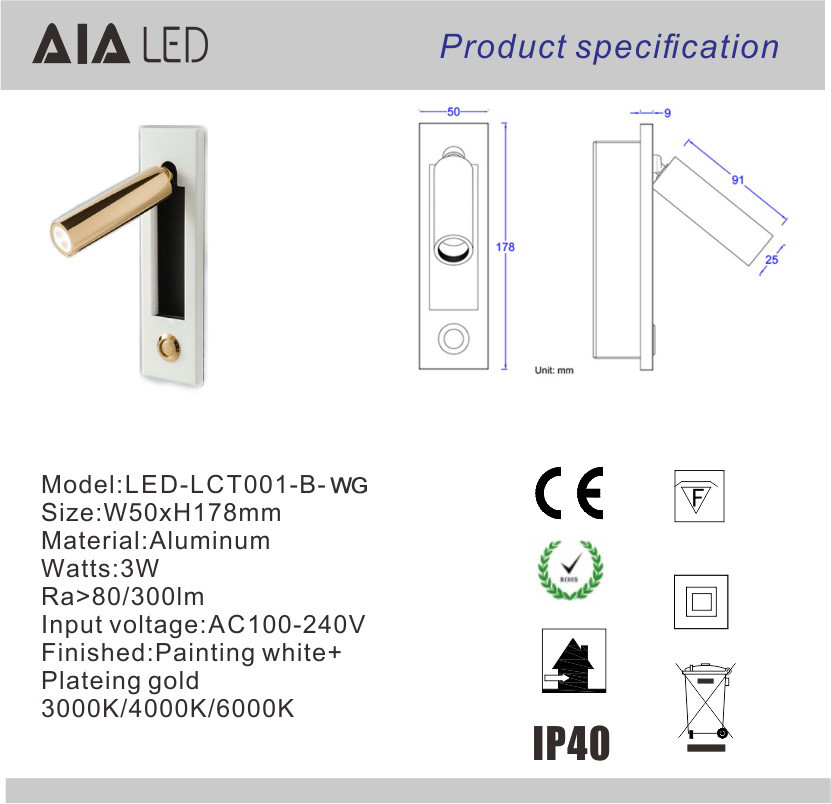 Contemporary embedded mounted Gold Brushed led wall lamps 3W led wall light led reading bedside wall light