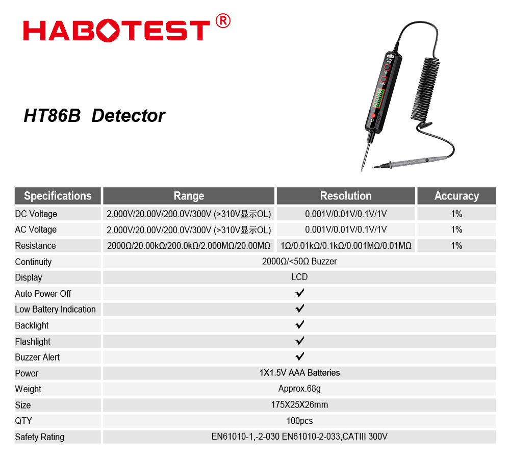 HT86B Digital Multimeter 12-300V AC DC Digital Voltage Detector Electrician Tools Pen Shaped Multimeter Voltmeter
