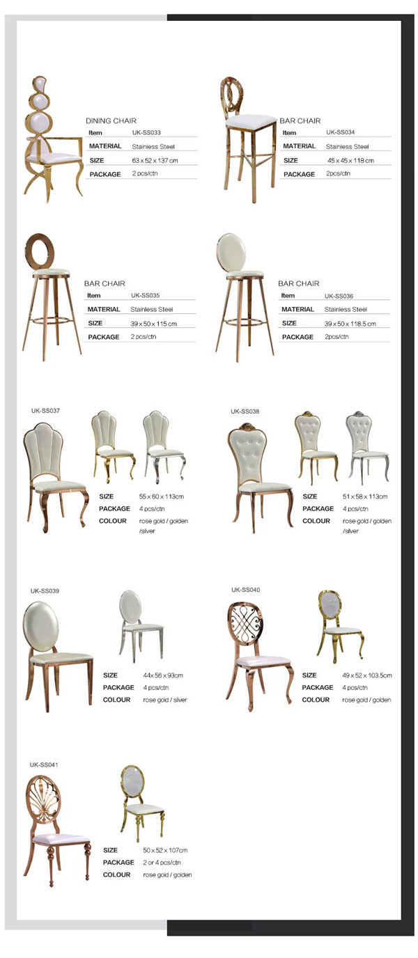 Stainless Steel Gold Round Back Wedding Dining Chairs With White Leather Cushion