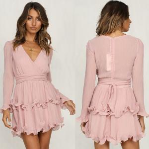 Wholesale Fashion women Long Sleeve V neck Pink Vintage Dress from china suppliers