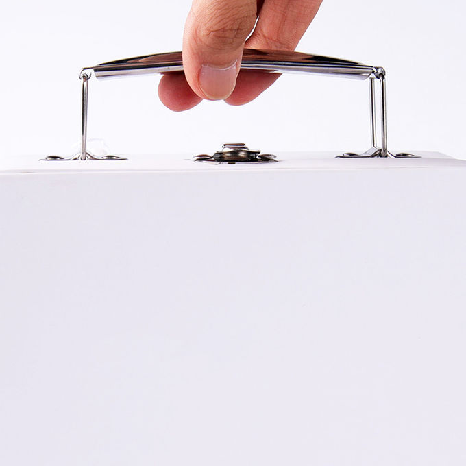 Customizable Solid White Rigid Paper Gift Box With Metal Handle And Clasp