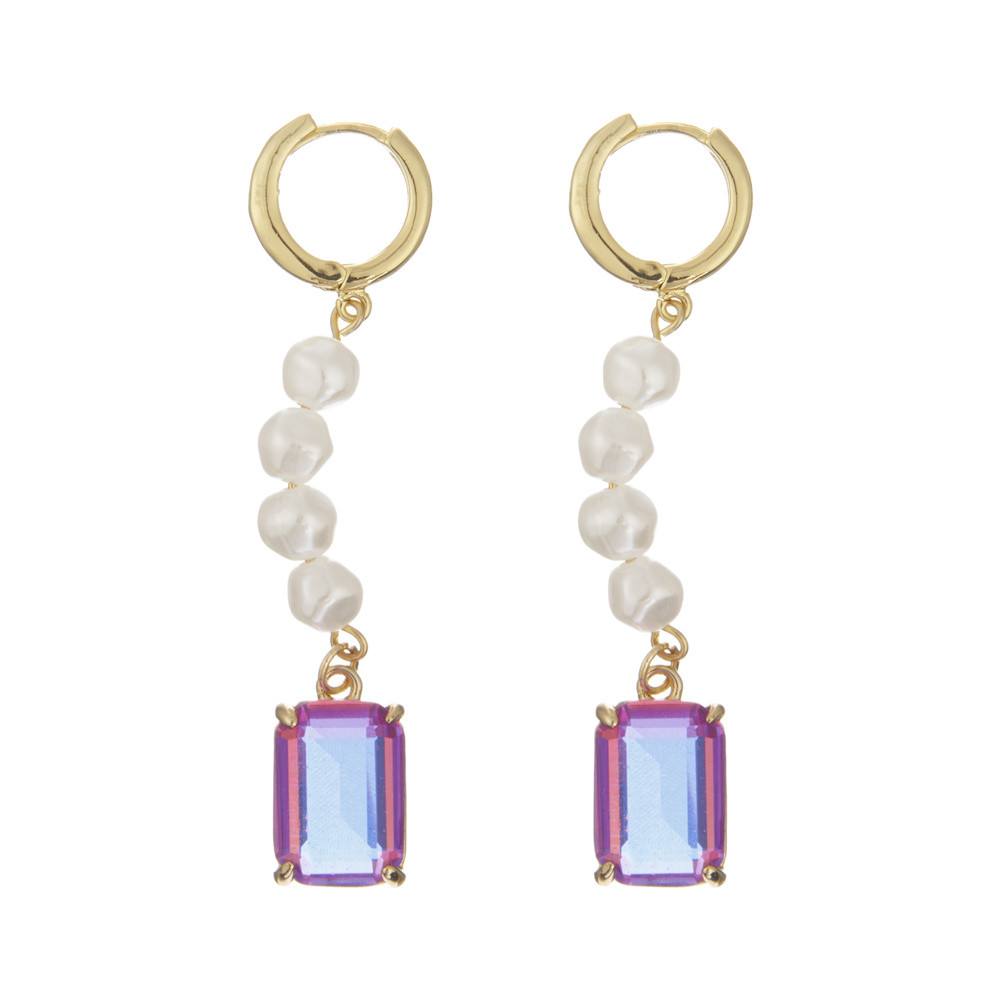 Stainless Steel Pearl Pendant Crystal Stone Hoop Earrings Rectangular Gold Plated