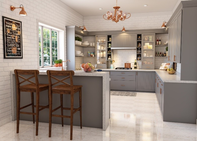 DTC 200cm Modern Stained Kitchen Cabinets With Painted Island Breakfast Bar