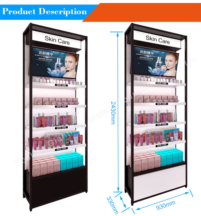 W930*D330*H2430mm Metal Makeup Store Display Powder Coated With Cabinet