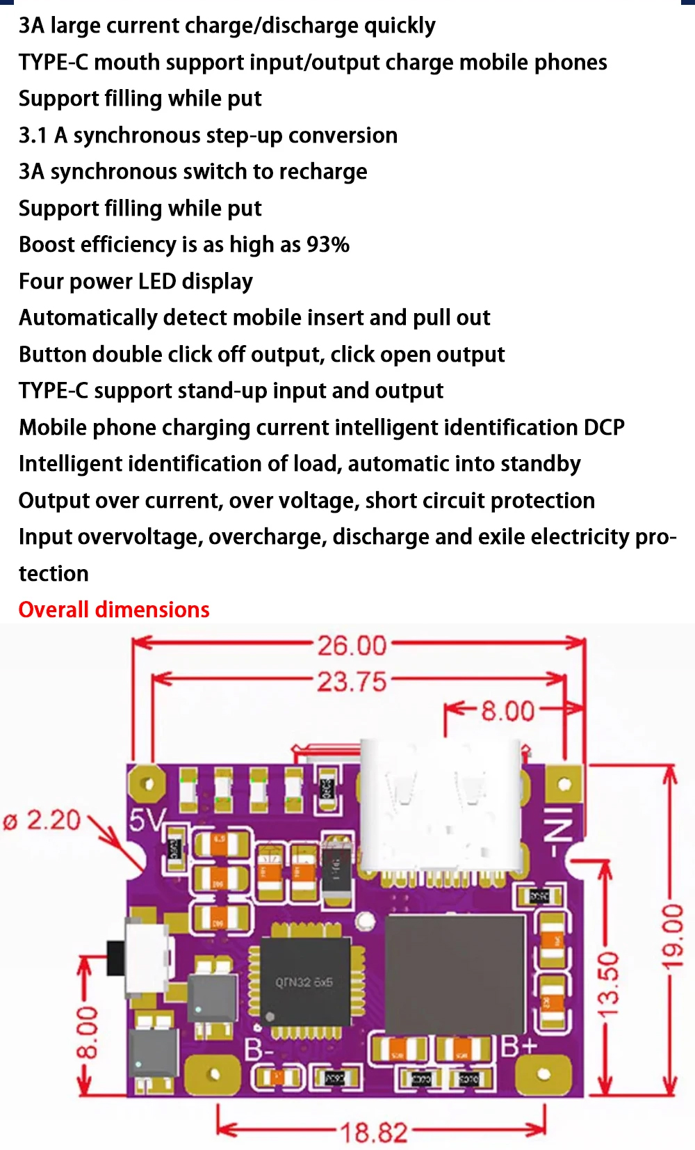 IP5310 Step-Up Power Module Type-C USB Boost Converter 5V 4.2V 3A Lithium Battery Charging Board with LED Indicator