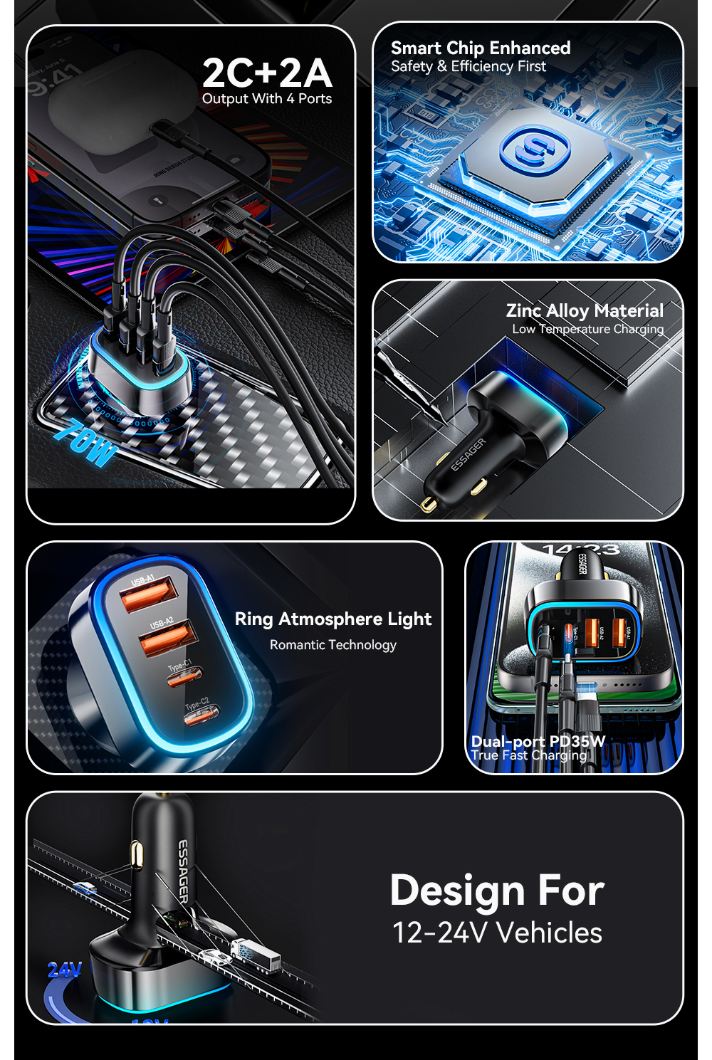 ESSAGER F738 Series Quick Car Phone Charger 70W with 4 Ports 2 USB A 2 USB C