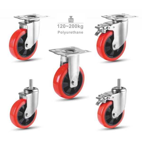 5 Inch Medium Flat Casters Material Handing Equipment Medium Duty Red Swivel Brake Caster Wheel
