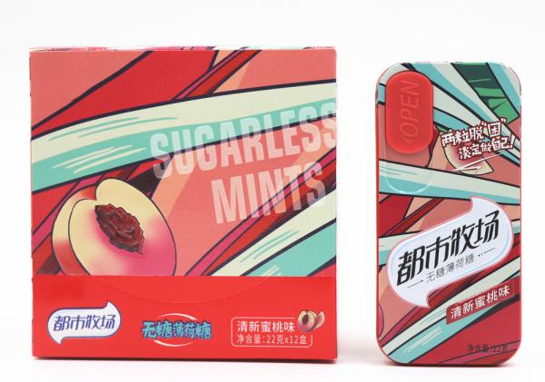 22g Colorful Metal Case Cooling Peach Flavor Sugar Free Mint Candy Rich In