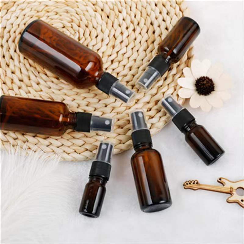 Stock Amber Glass Spray Bottle 10ml 15ml 20ml 30ml 50ml 100ml Round Glass Empty Perfume Bottle Black Cap Cylinder Bottle Perfume