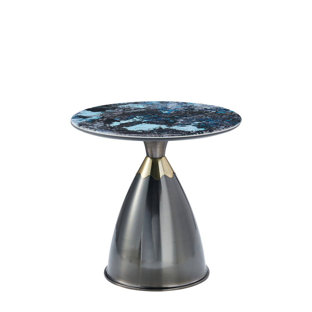 Modern light luxury round living room black marble look glass top metal base corner tables side table