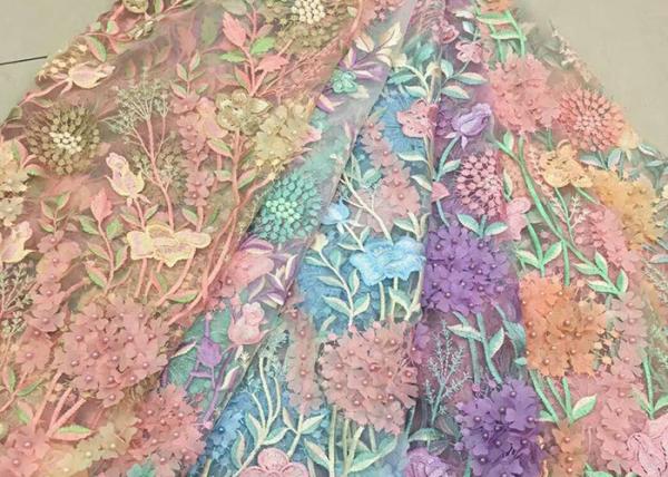 Bead Embroidered Lace Fabric, Scalloped Multi Color 3D Flower Lace Fabric For