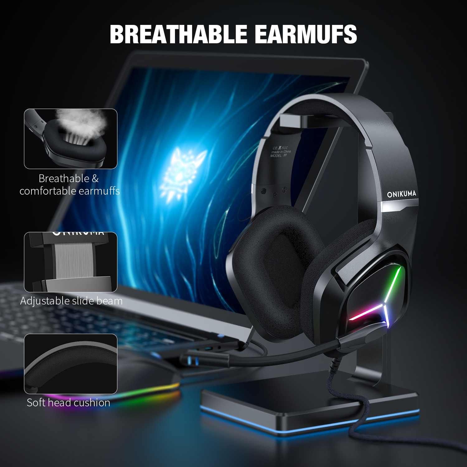 50mm Driver Braided Cable Gaming Headset Headphones 100mA Onikuma X9