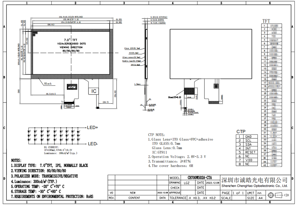 1024x600 Liquid Crystal Display Panel 300cd/m2 Luminance 7inch With Capacitive Touch