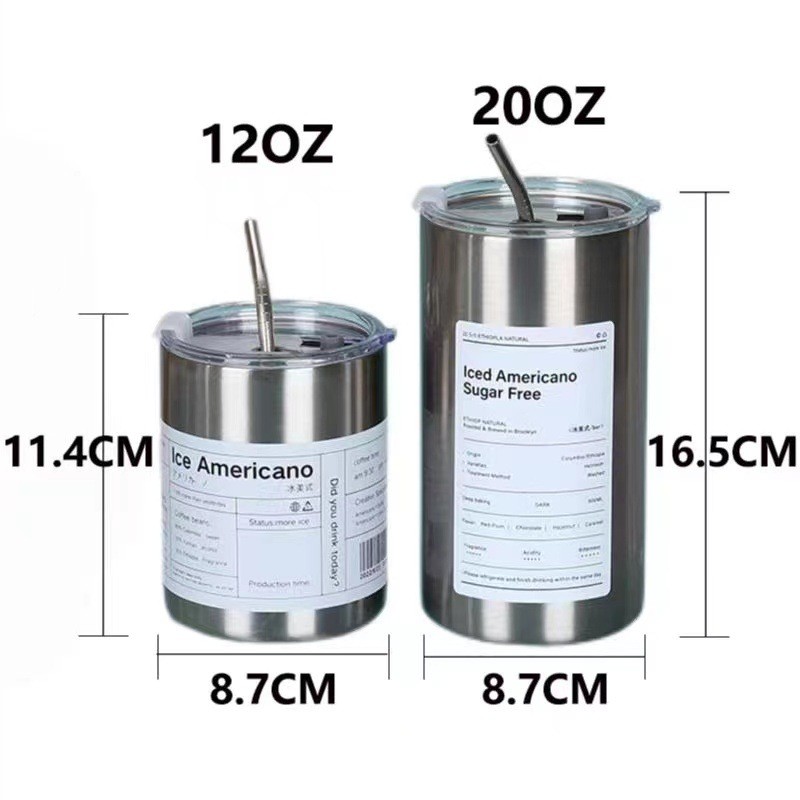 12oz Straight Mugs Ice Coffee Tumbler Stainless Steel Thermos Insulated Coffee Tea Mug Beer Drinking Cup With Straw Lid