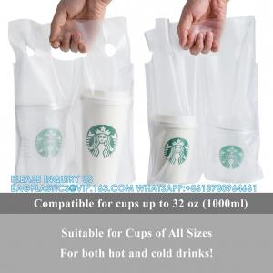 China Drinking Handle Bags Cup Carrier With Handle Clear Plastic Packaging Bags For Delivery Hanging Hole Drink Bags on sale