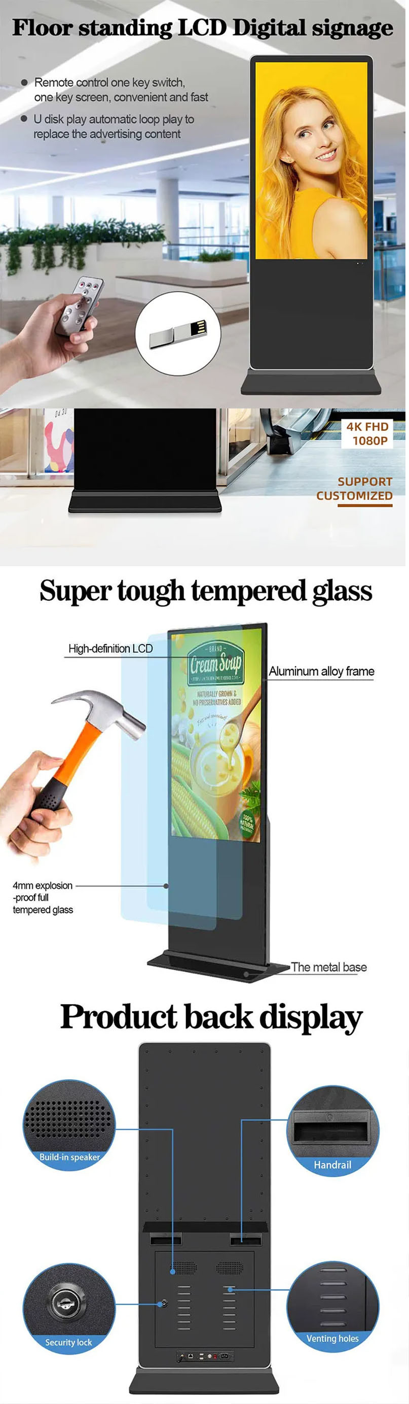 4K Interactive 43 55 Inch Kiosk , Floor Bracket LCD Digital Signage Totem