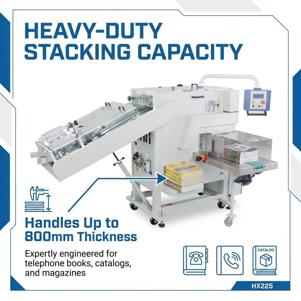 HX225 Perfect Bindery Book Stacker Optimized for High Output Binding Production Lines Managing Thick Bound Publications