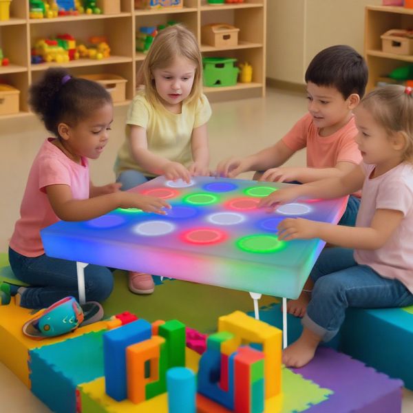 Kids LED table in study mode with lights off, showing clean writing desk surface