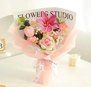 Wholesale Already Made Artificial Woven Blue Rose Crochet Flower Bouquet for Anniversary Valentines Day Gift from china suppliers