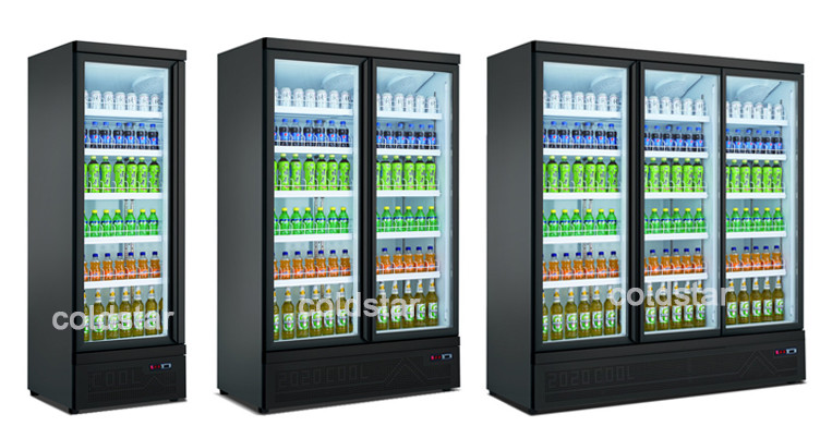 Double Glass Door Upright Refrigerated Showcase Drinks And Beverages Cooler Glass Door Merchandiser