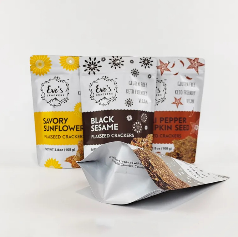 Custom Printed 100g 250g 500g Stand Up Pouch Flaxseed Crackers Smell Proof Zipper Food Packaging Bags