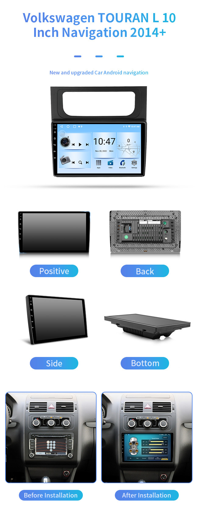 10 Inch Bluetooth Car Navigation 1G+16G 1G+32G Wireless Bluetooth Carplay For Volkswagen TOURAN L 2014+
