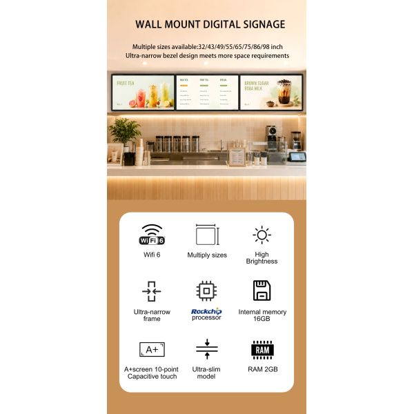 49 Inch Wall-Mounted Interactive Touch Digital Poster | Anti-Glare Indoor LCD Kiosk Built-In CMS for Shopping Malls Elevators