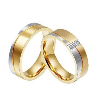 Engagement Wedding Rings Set 18K Gold Plated CZ Geometric Shape In Stainless