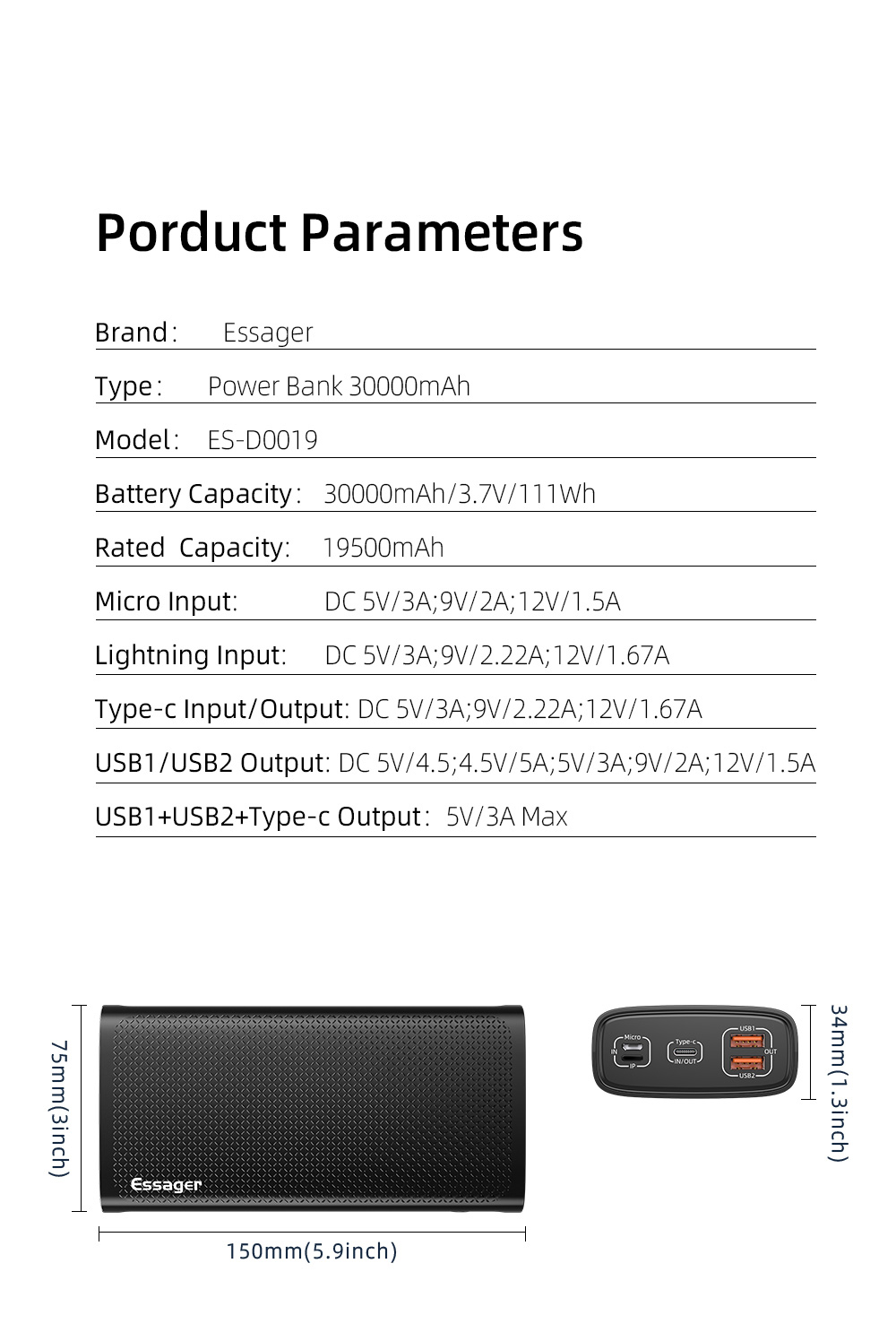Portable 30000 MAh Power Banks Supporting 22.5W Fast Charging 3 Input Output