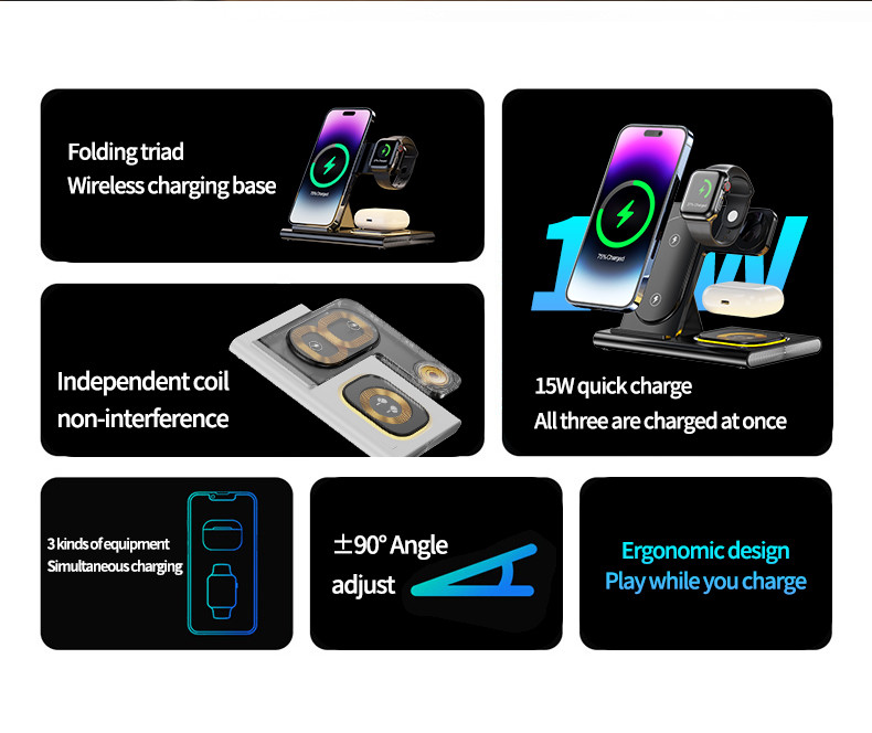 Fast Foldable 3 In 1 Wireless Charger 15W For Phone Watch Earphone