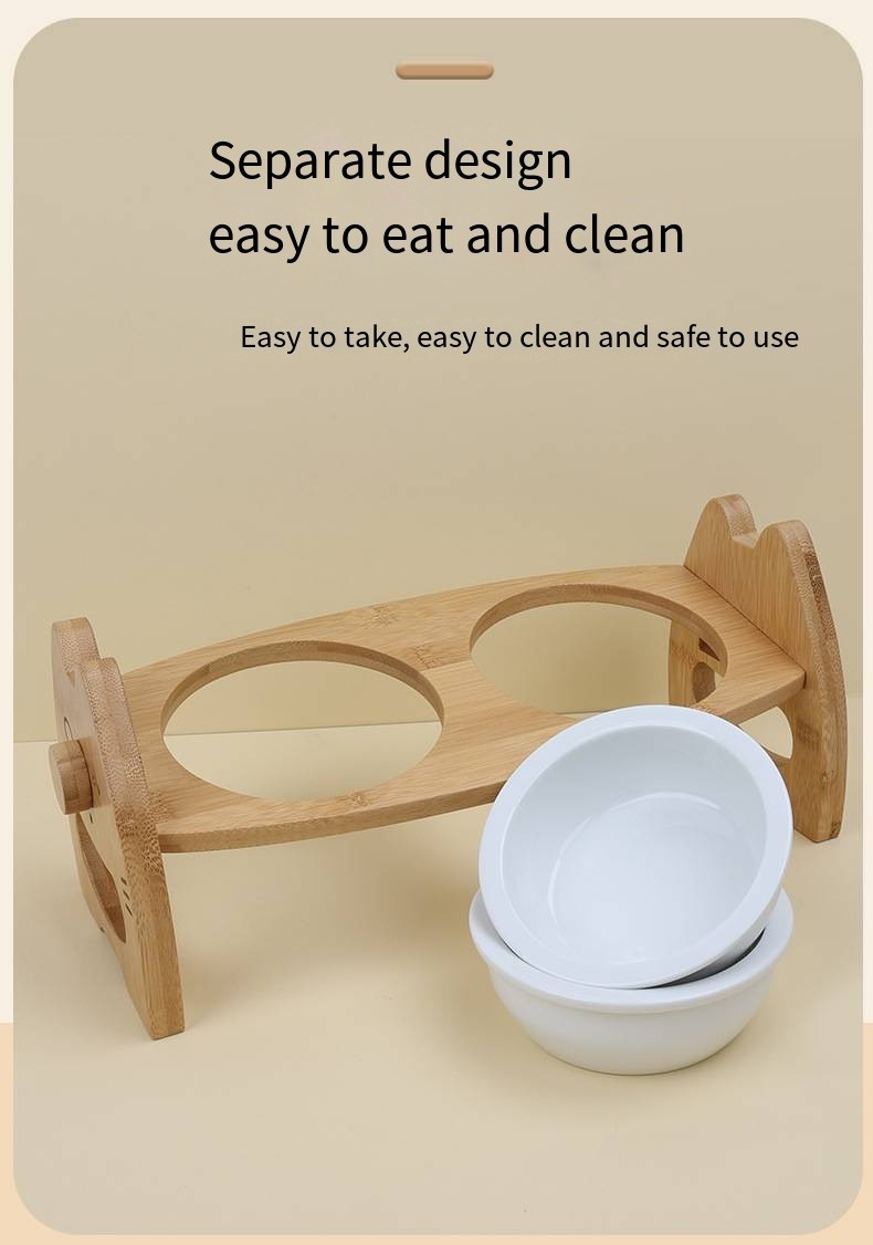 Bamboo Ceramic Bowl Cat Food Rack With Adjustable Height Double Pet Bowl Pet Supplies