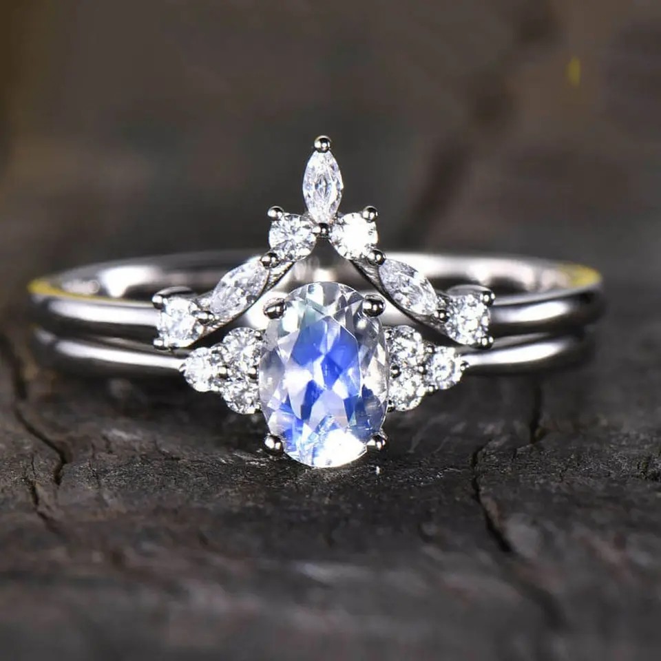 925 Sterling Silver Natural Stone Jewelry Rainbow Blue Moonstone Wedding Ring Set