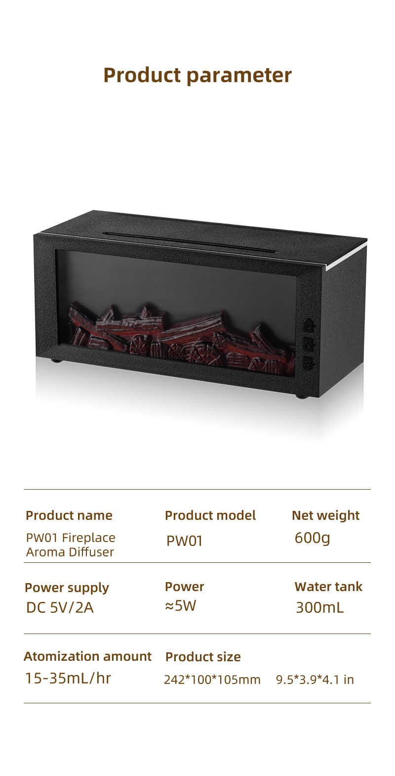 3D Realistic Flame Fireplace Diffuser Humidifier 300ml Large Tank Type-C Charging Quiet Operation