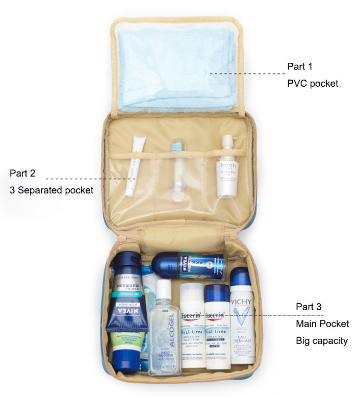 Fashion Custom Square Makeup Toiletry Bags With Large Storage Mesh Pockets