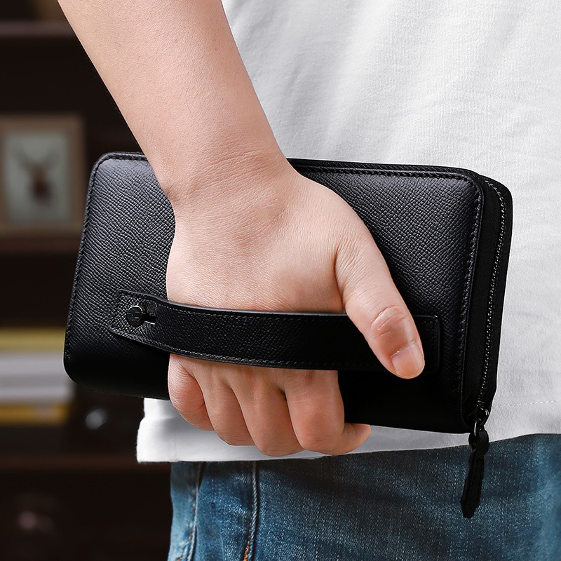 Large Capacity Men's Clutch Bag Soft Genuine Cow Leather Zipper Wallet for Daily Life