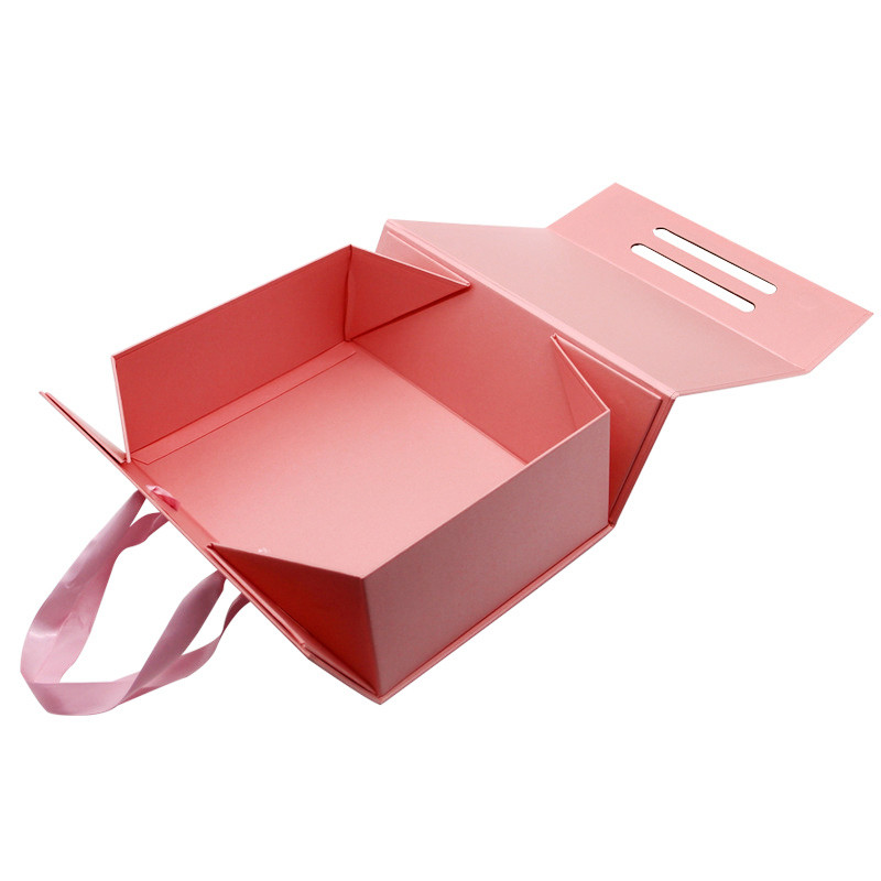 Luxury Customized Gift Foldable box Ribbon paper hard cardboard gift boxes Flip Top String Ribbon Handle Flat Paper Box