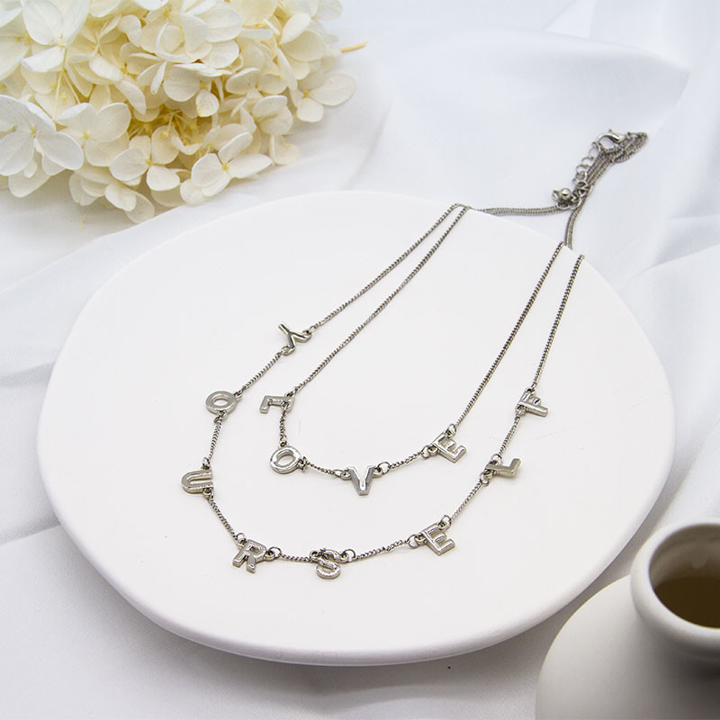 Letter Fashion Jewelry Necklaces Silver Double Chains Steel Color Hiphop Style