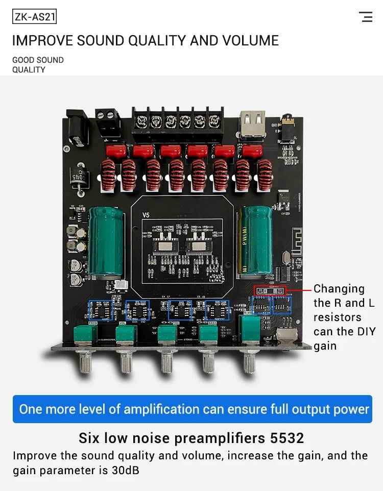 ZK-AS21 2.1 Channel Digital Power Amplifier Board Module 220W*2+350W High Low Tone Subwoofer TPA3255 BT Home Audio AS21