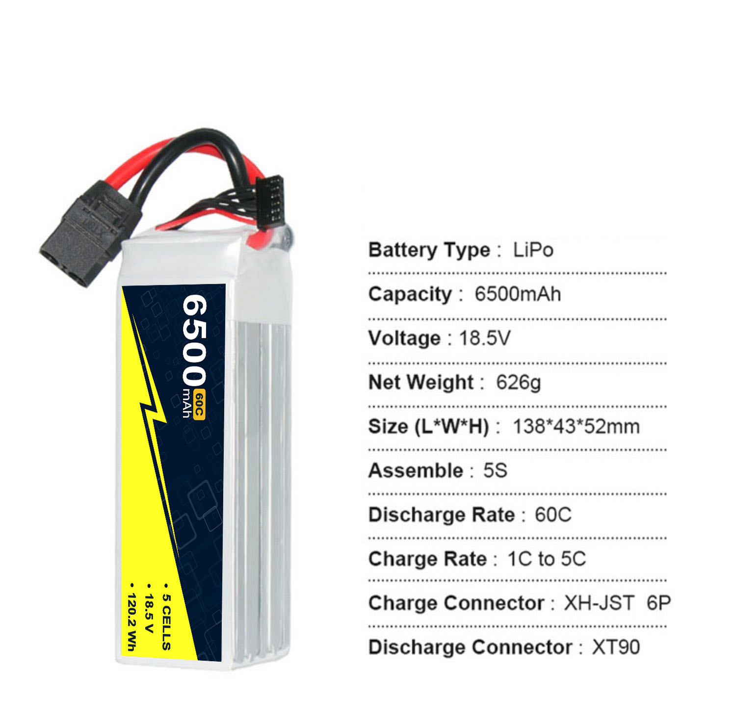 Fast Charge Capable RC Car Lipo Battery Hard Case 18.5V 5S 6500mah 60C