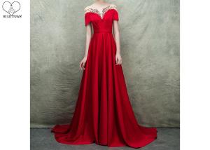 Wholesale Short Sleeve Long Tail Gown / Red Satin Evening Gown Bust Back Beaded For Women from china suppliers