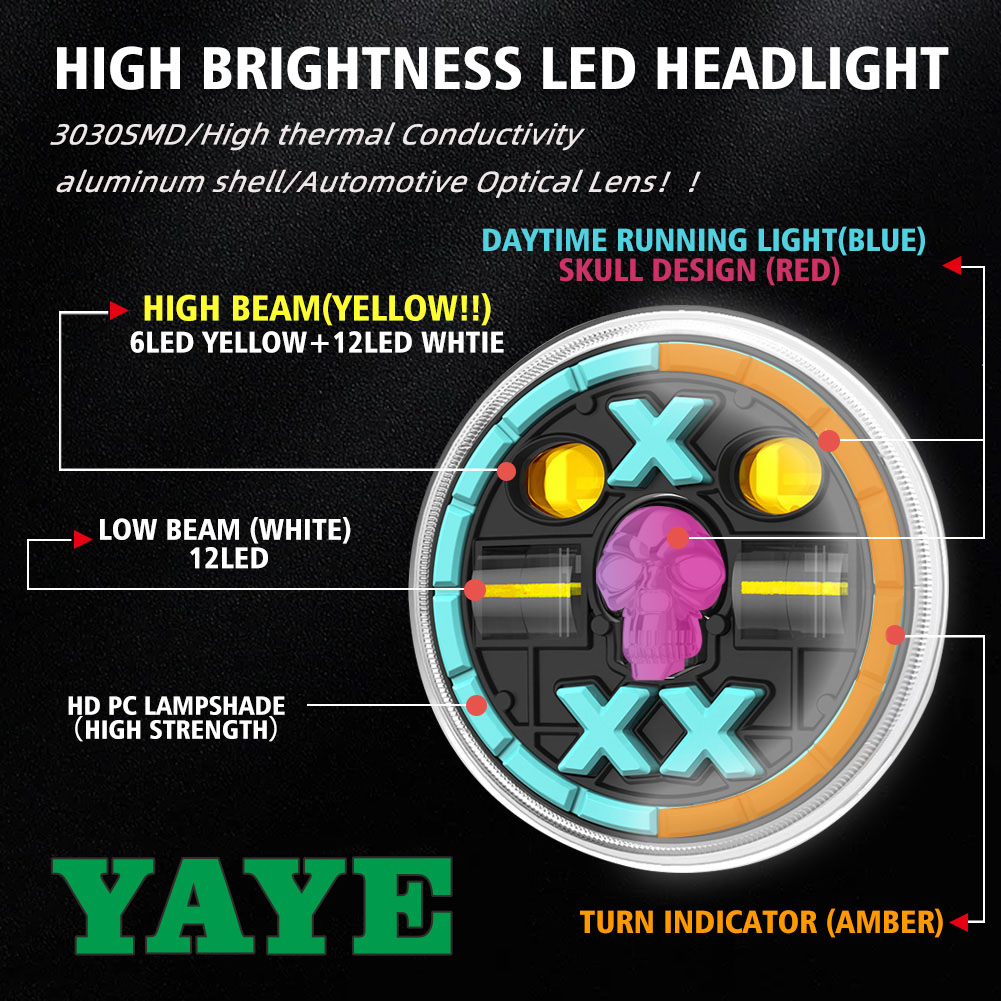 Yellow White LED Red Skull Motorcycle Headlight 3030SMD IP67 Waterproof