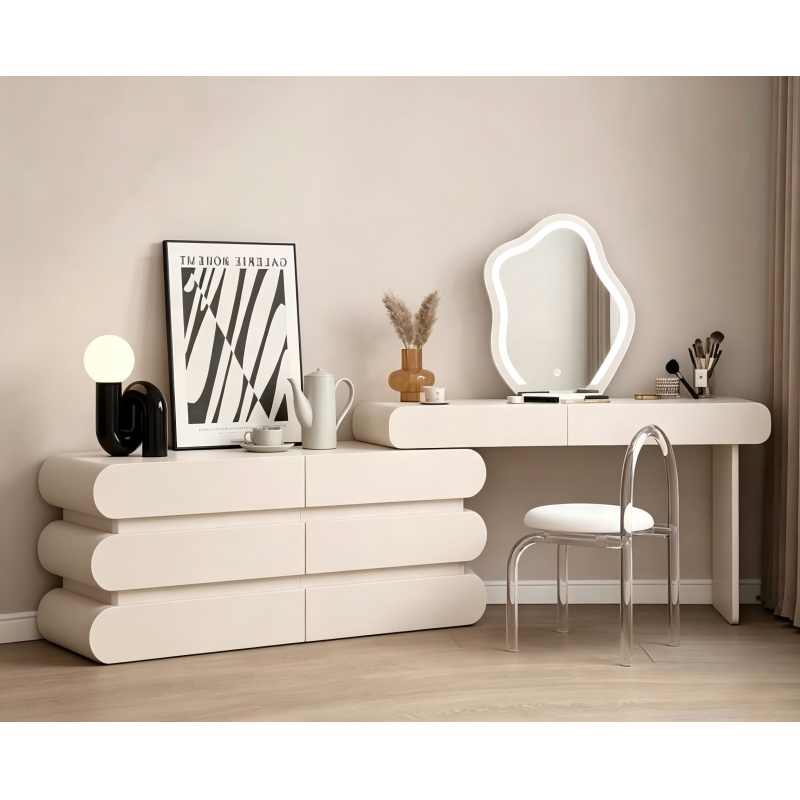 Cream Modern Extendable Makeup Vanity Desk Combo with LED Cloud Mirror