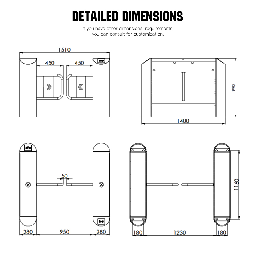 HCW IP44 Swing Barrier Turnstile 40W Stainless Steel 304 Pedestrian Turnstile Gate