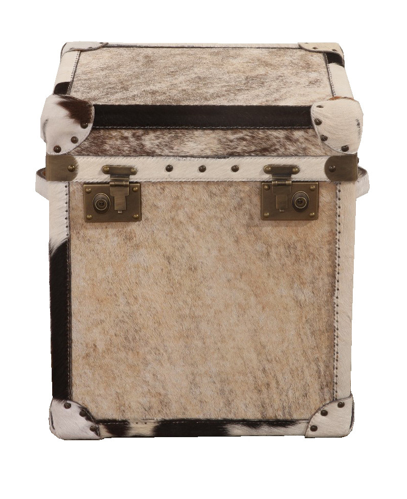 Brown White Leather Retro Trunk Vintage With Lock Wood Nightstand With Fur