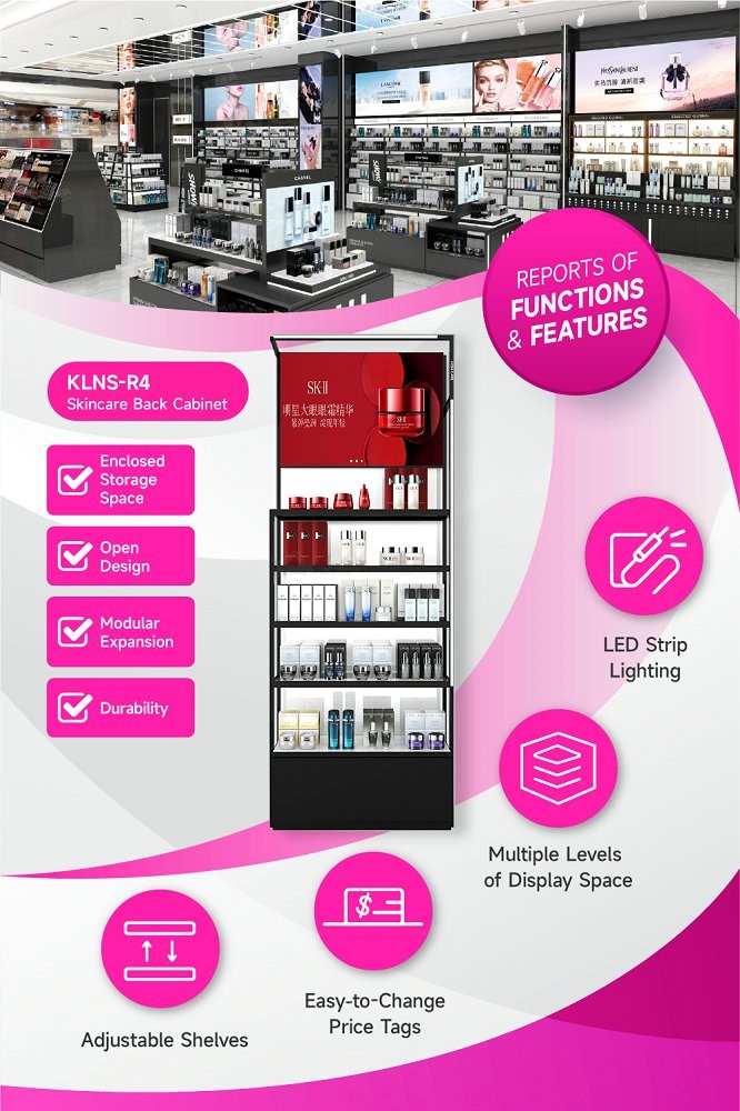 KLNS-R4 Multiple Levels of Display Space Skincare Display Cabinet with White LED Strips
