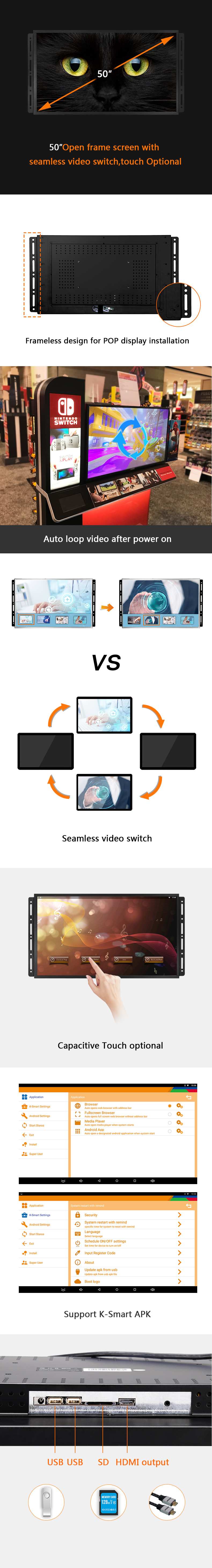 Open Frame 49 Inch Digital Displays In Store With Seamless Video Switch