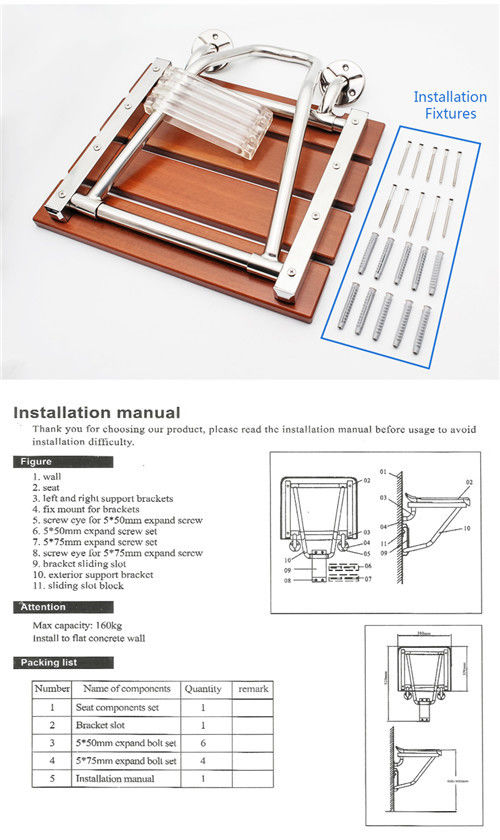 Brown Non Barrier Wall Mounted Shower Seat With Solid Wood / Stainless Steel Material