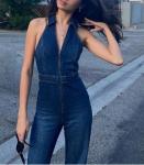 Small Quantity Clothing Manufacturer Women'S Jeans Zipper Sleeveless V Neck High