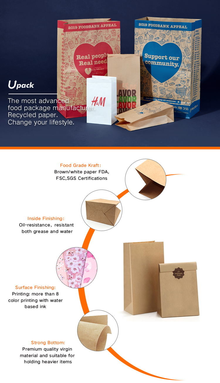 Takeout Takeaway Kraft Lunch Paper Bags Custom Printed Carrier To Go Restaurant