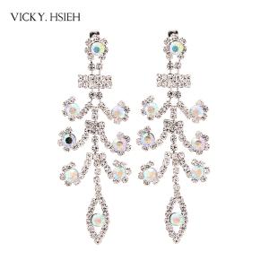 China VICKY.HSIEH Rhodium Tone Wedding Bridal Crystal AB Rhinestone Peacock Feather Dangle Earrings on sale